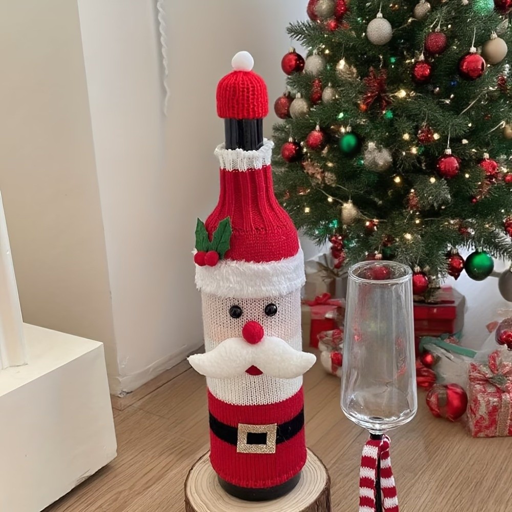 Wine Beer Hat - Gestrickte Weinflaschenhülle Elch mit Mini-Weihnachtsmannmütze Bierflaschenhülle